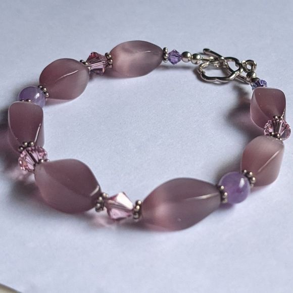 Handmade Pink Cat's Eye Glass, Amethyst Beads, & Sterling Silver Bracelet - Picture 2 of 8